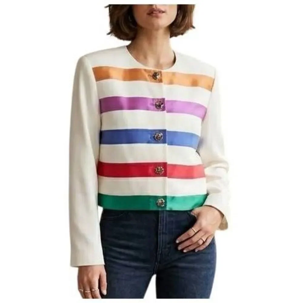 Vintage 90s Sandra OW-Wing NR1 multicolor stripe rhinestone crop jacket blazer - Picture 1 of 9